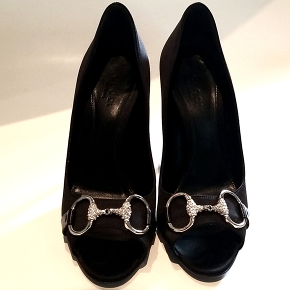 Gucci Horsebit Satin Peep Toe Pump Black 5.5 - Picture 3 of 9
